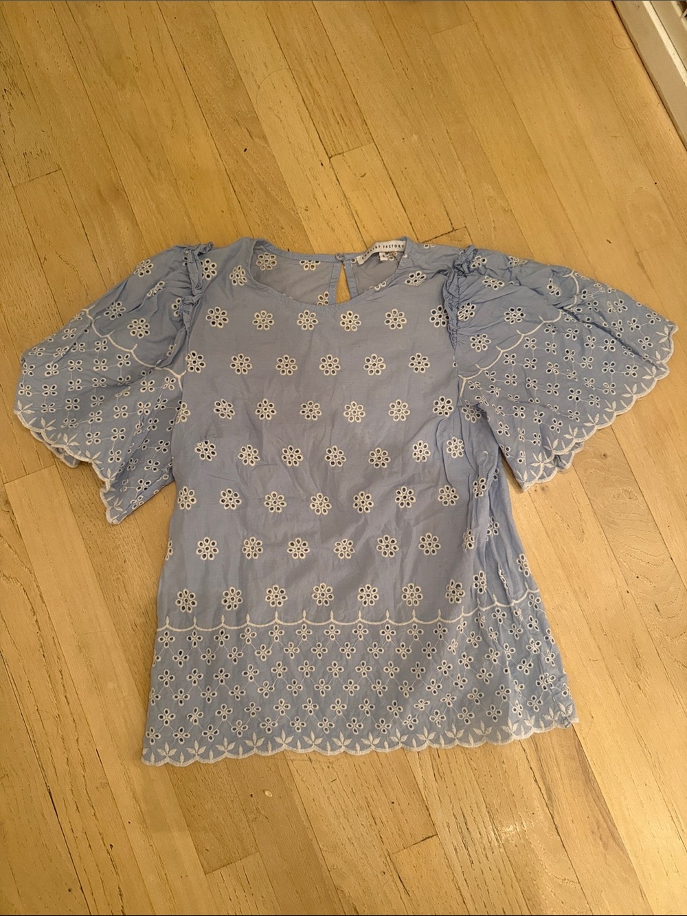 English Factory Light Blue Eyelet Embroidered Flutter Sleeve Blouse